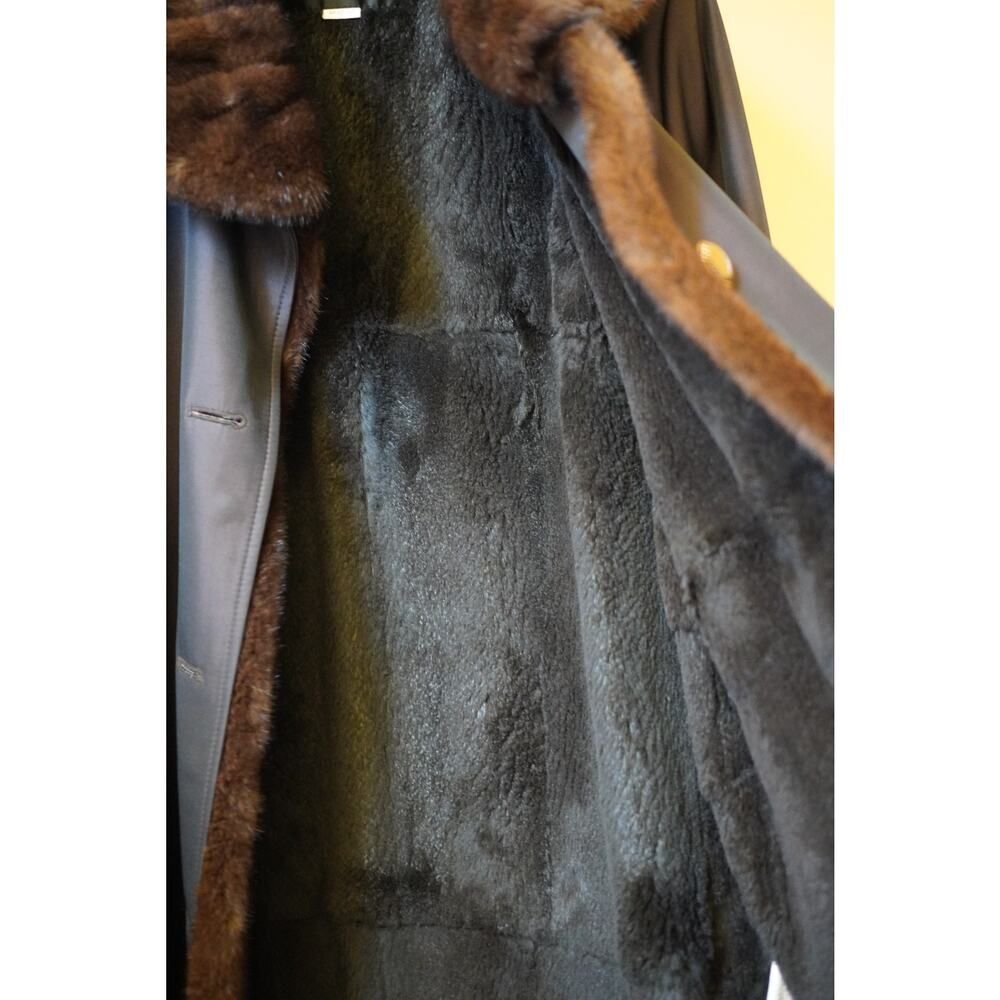 Vintage Woodan Fur Lined Leather Coat Mob Wife Mink Collar Brown Car Coat M - Picture 7 of 11